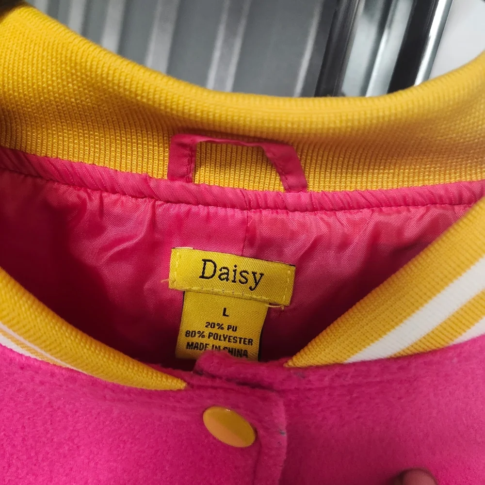 Daisy Hot Pink and White Varsity Jacket with Yellow Details - Picture 5 of 5